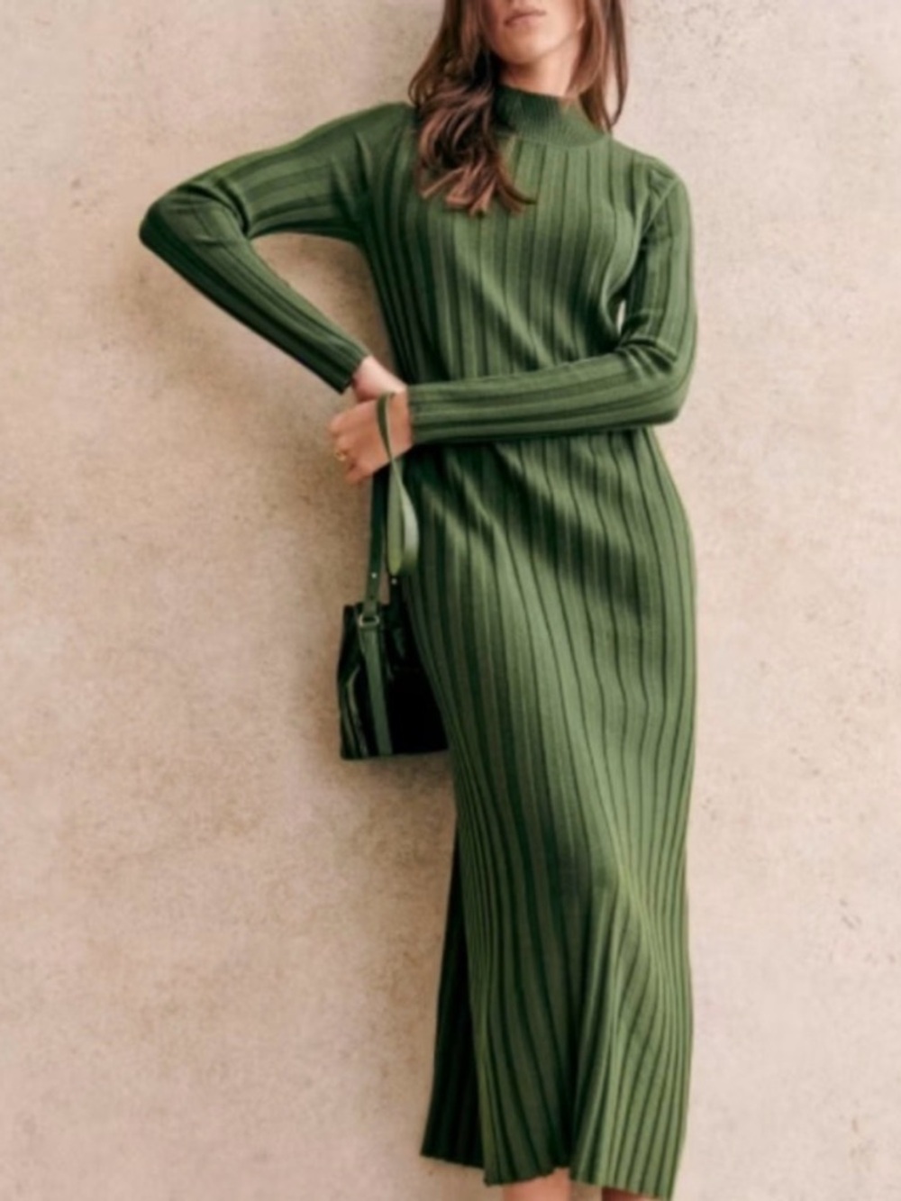 Sezane Ribbed Mock Neck Merino Wool Katrina Dress in Kaki Green